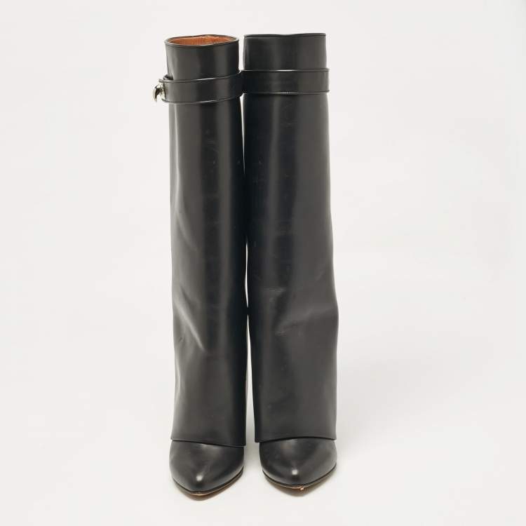 Pre Owned Givenchy Black Leather Shark Lock Wedge Knee High Boots Size 38