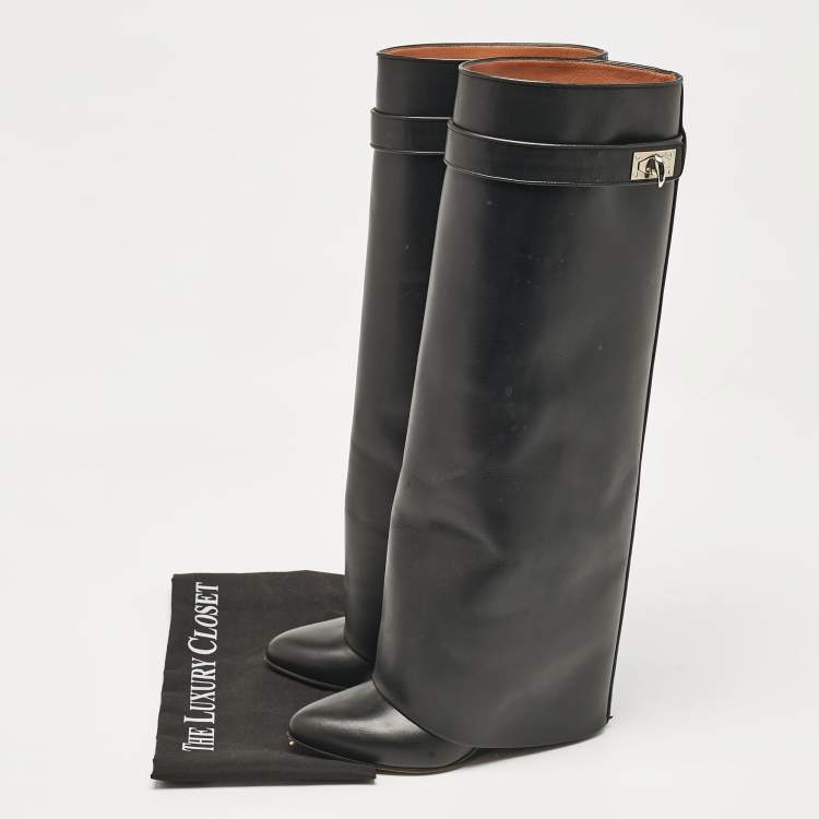 Pre Owned Givenchy Black Leather Shark Lock Wedge Knee High Boots Size 38