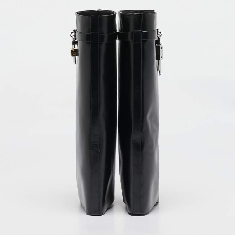 Pre Owned Givenchy Black Leather Shark Lock Knee Length Boots Size 38