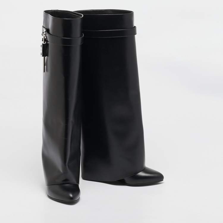 Pre Owned Givenchy Black Leather Shark Lock Knee Length Boots Size 38