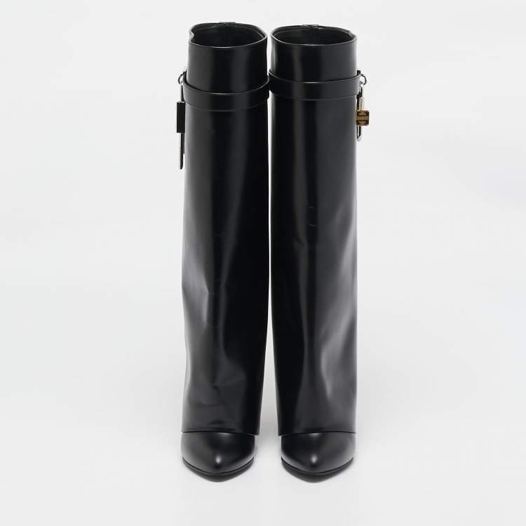 Pre Owned Givenchy Black Leather Shark Lock Knee Length Boots Size 38