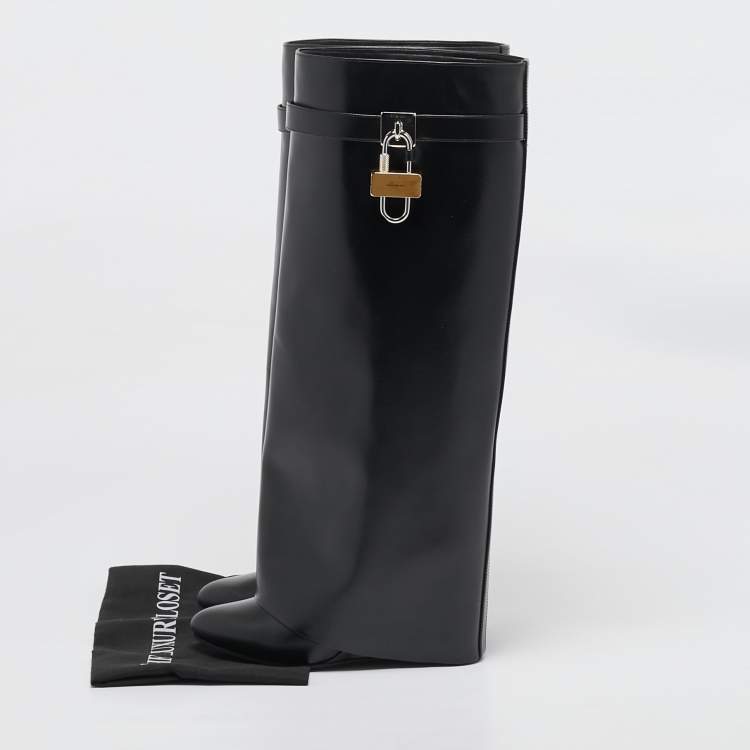 Pre Owned Givenchy Black Leather Shark Lock Knee Length Boots Size 38