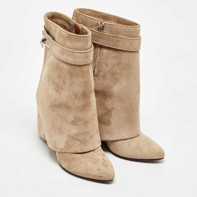 Pre Owned Givenchy Beige Suede Shark Lock Wedge Ankle Length Boots Size 39