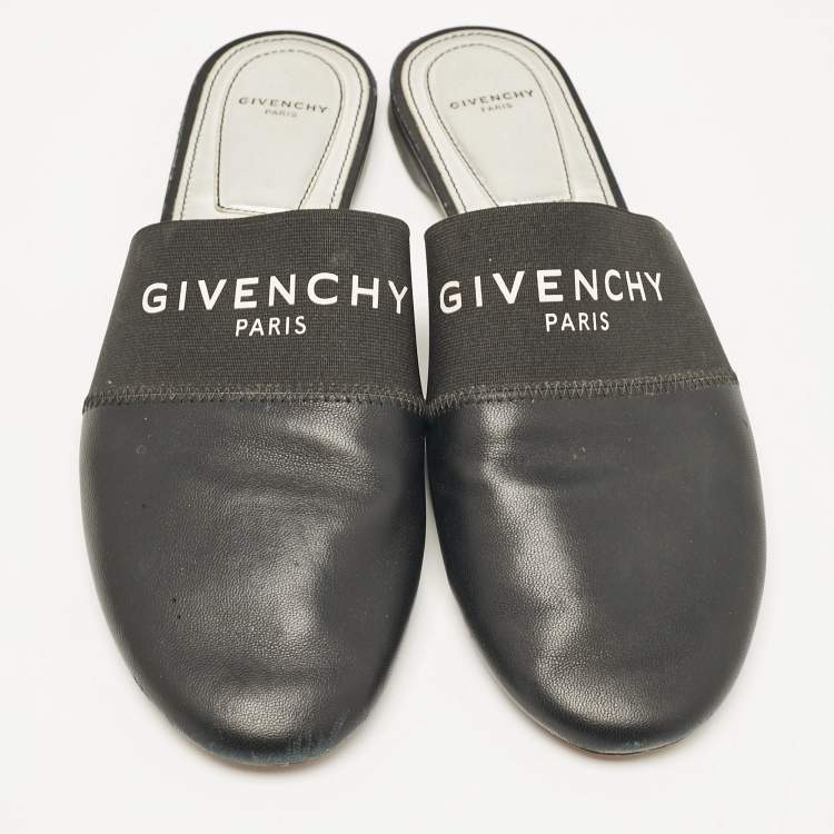 Pre Owned Givenchy Black Leather and Logo Elastic Bedford Flat Mules Size 40