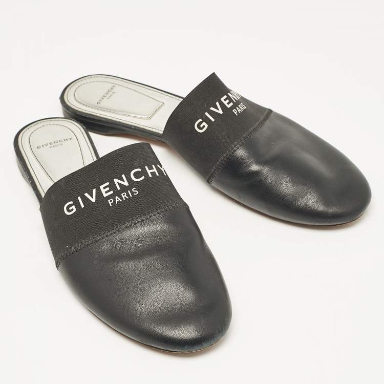 Pre Owned Givenchy Black Leather and Logo Elastic Bedford Flat Mules Size 40