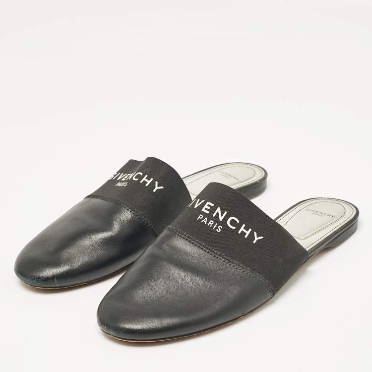 Pre Owned Givenchy Black Leather and Logo Elastic Bedford Flat Mules Size 40