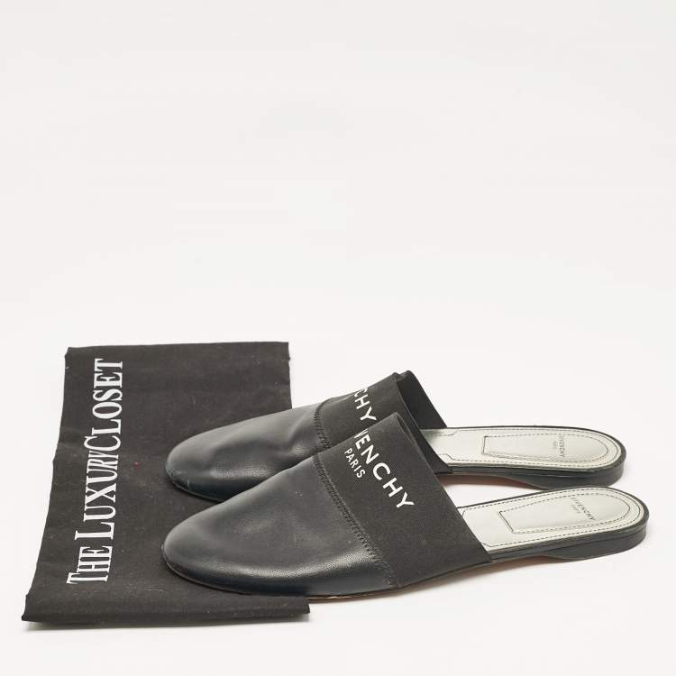 Pre Owned Givenchy Black Leather and Logo Elastic Bedford Flat Mules Size 40