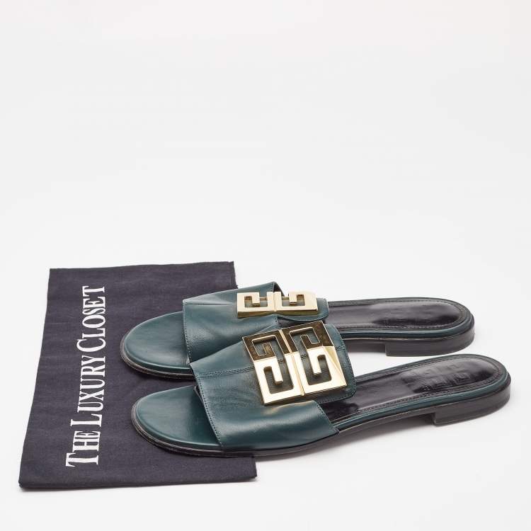 Pre Owned Givenchy Dark Green Leather 4G Flat Slides Size 40