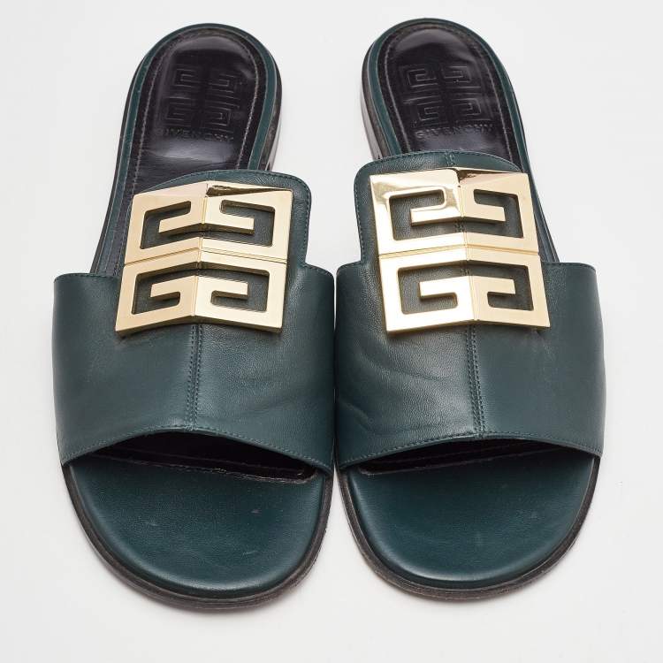 Pre Owned Givenchy Dark Green Leather 4G Flat Slides Size 40