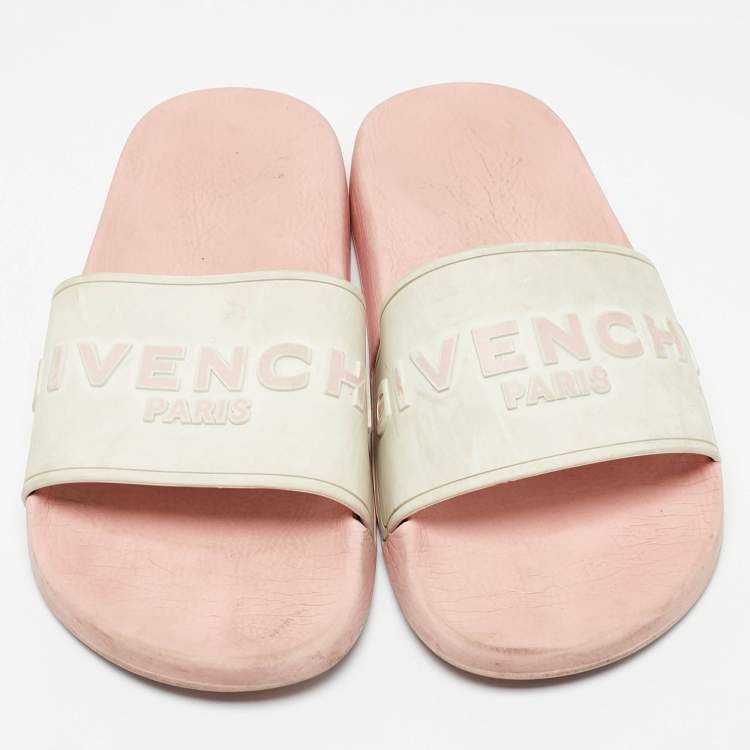 Pre Owned Givenchy White/Pink Rubber Embossed Logo Slides Size 38