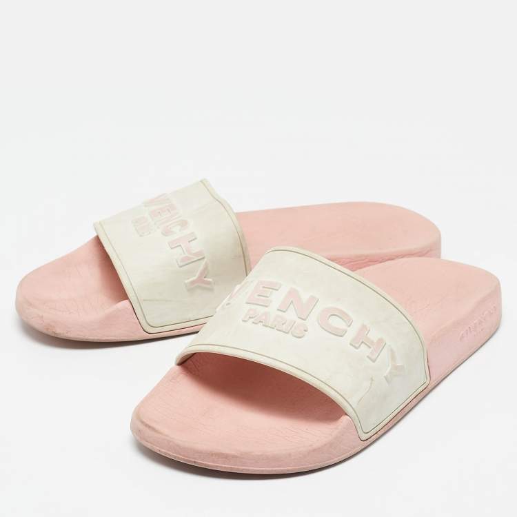 Pre Owned Givenchy White/Pink Rubber Embossed Logo Slides Size 38