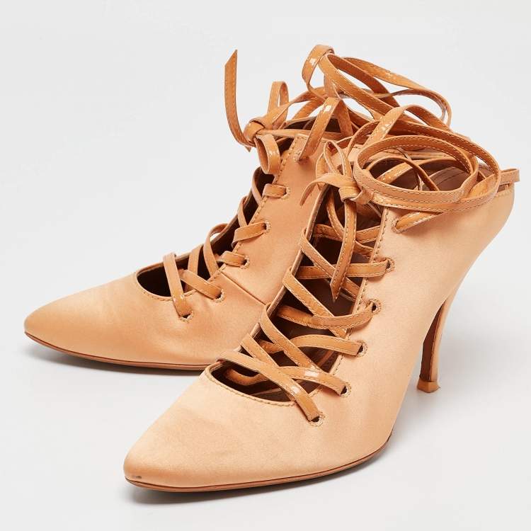 Pre Owned  Givenchy Orange Satin Lace Up Backless Mule Sandals Size 39