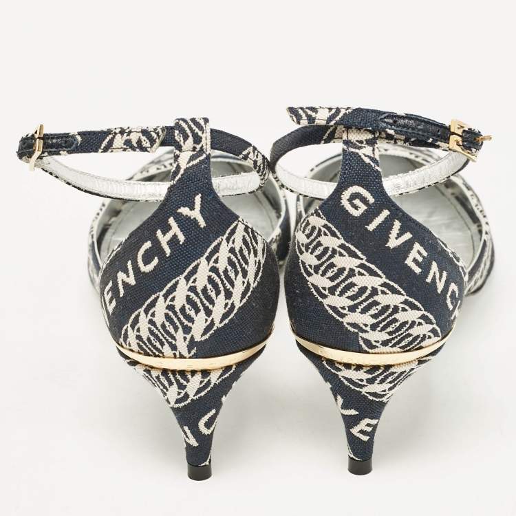 Pre Owned Givenchy Navy Blue/White Canvas Pointed Toe Ankle Strap Pumps Size 35