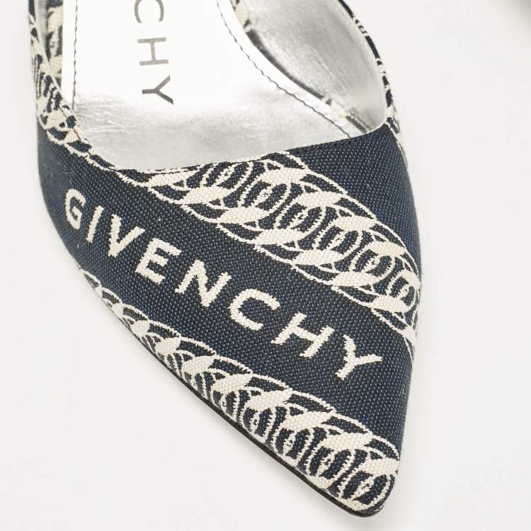 Pre Owned Givenchy Navy Blue/White Canvas Pointed Toe Ankle Strap Pumps Size 35