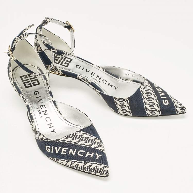 Pre Owned Givenchy Navy Blue/White Canvas Pointed Toe Ankle Strap Pumps Size 35