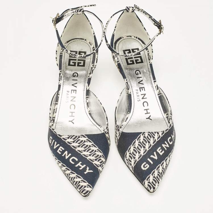 Pre Owned Givenchy Navy Blue/White Canvas Pointed Toe Ankle Strap Pumps Size 35