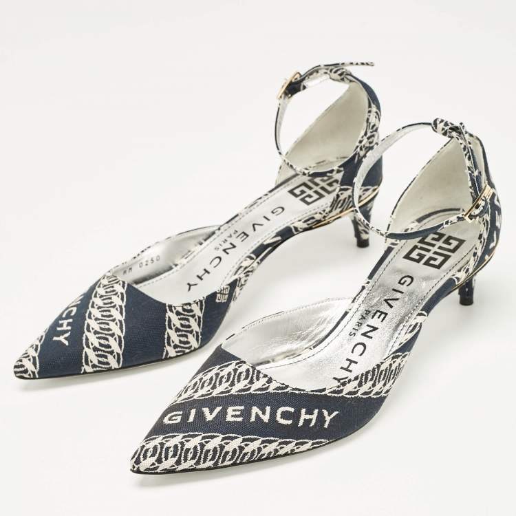 Pre Owned Givenchy Navy Blue/White Canvas Pointed Toe Ankle Strap Pumps Size 35