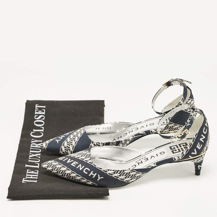 Pre Owned Givenchy Navy Blue/White Canvas Pointed Toe Ankle Strap Pumps Size 35
