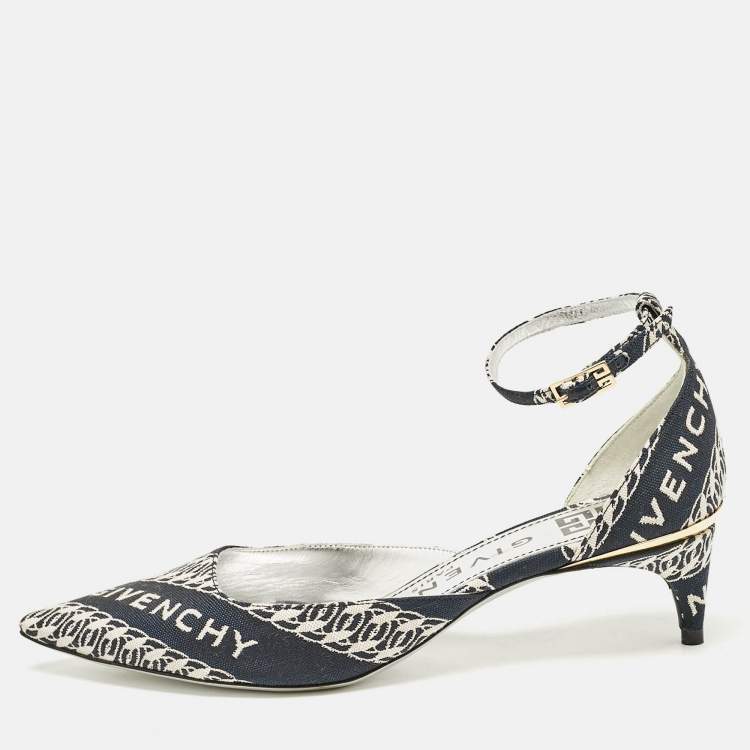 Pre Owned Givenchy Navy Blue/White Canvas Pointed Toe Ankle Strap Pumps Size 35