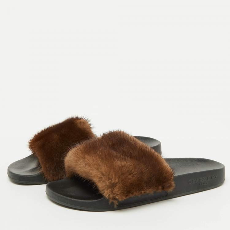 Pre Owned Givenchy Brown Mink Fur Pool Slide Sandals Size 36