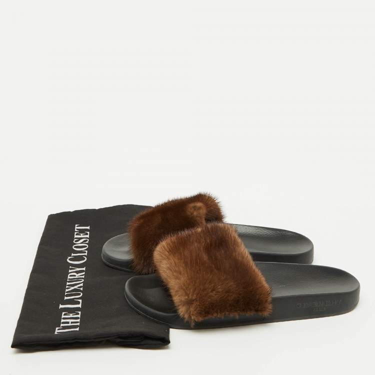 Pre Owned Givenchy Brown Mink Fur Pool Slide Sandals Size 36