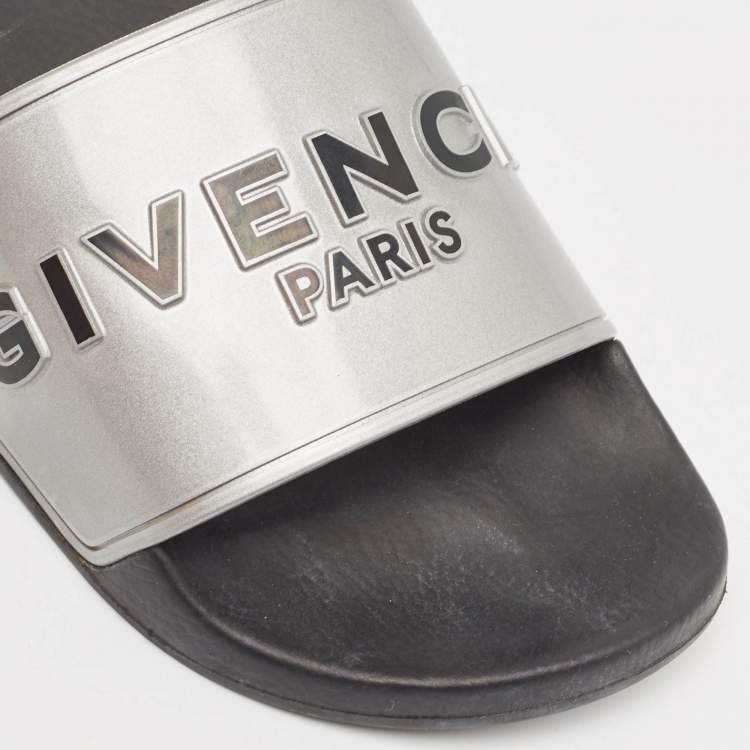 Pre Owned Givenchy Silver Rubber Logo Flat Slides Size 40