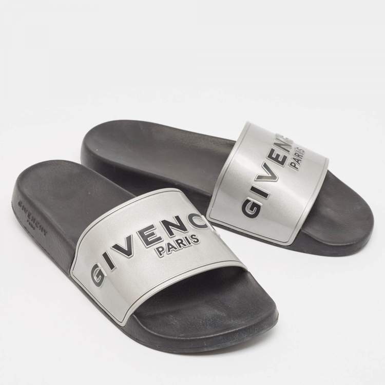 Pre Owned Givenchy Silver Rubber Logo Flat Slides Size 40