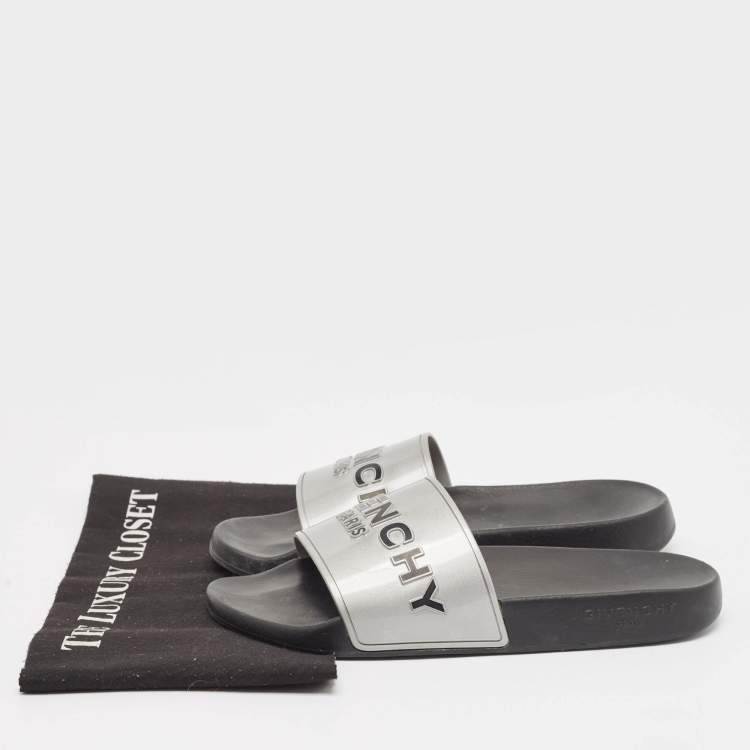 Pre Owned Givenchy Silver Rubber Logo Flat Slides Size 40