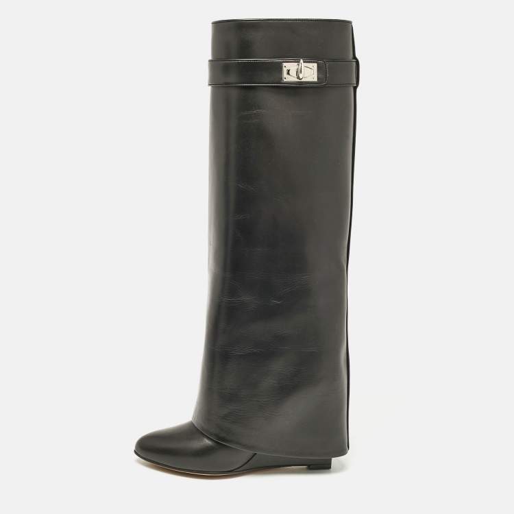 Pre Owned Givenchy Black Leather Shark Lock Wedge Knee High Boots Size 36
