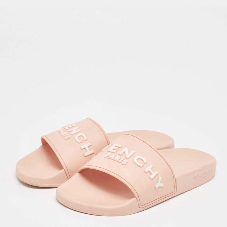 Pre Owned Givenchy Pink Rubber Logo Flat Slides Size 40