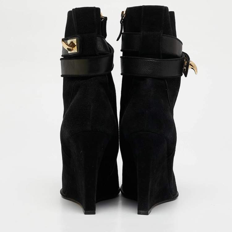 Pre Owned Givenchy Black Leather and Suede Shark Lock Ankle Length Boots Size 38