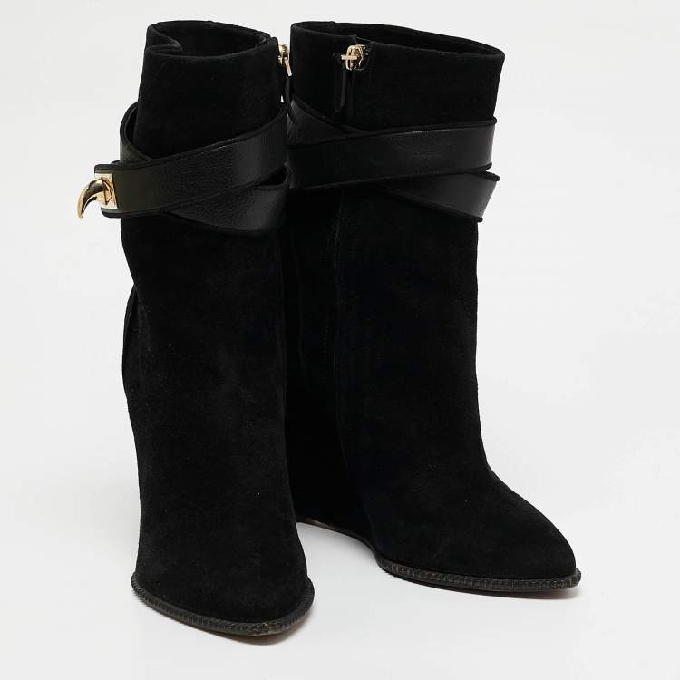 Pre Owned Givenchy Black Leather and Suede Shark Lock Ankle Length Boots Size 38