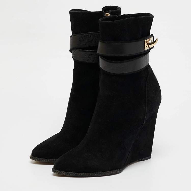 Pre Owned Givenchy Black Leather and Suede Shark Lock Ankle Length Boots Size 38
