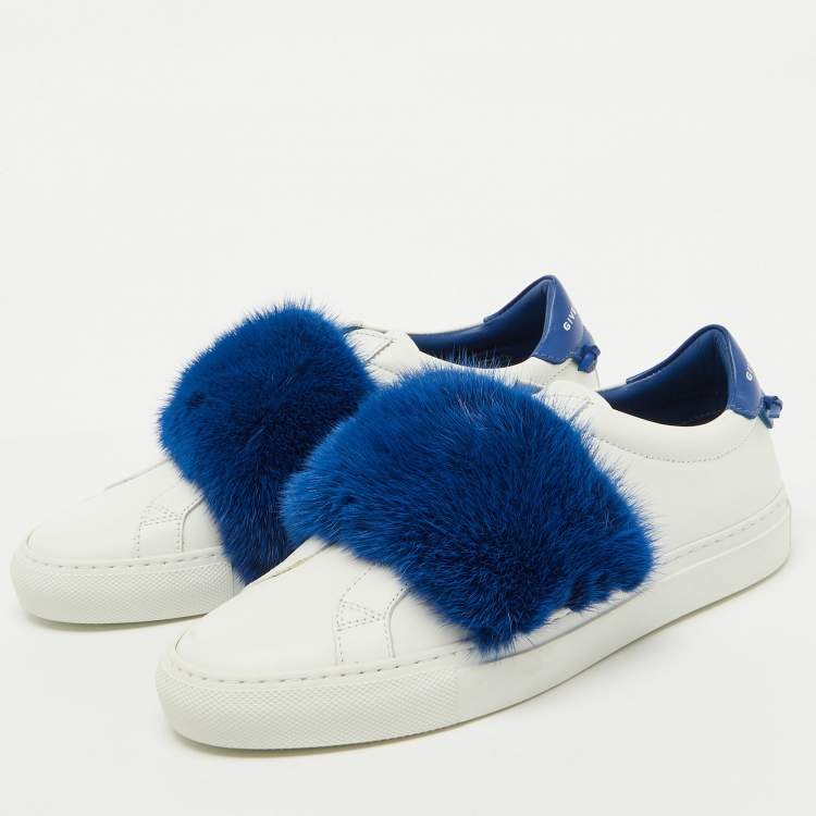 Pre Owned Givenchy White/Blue Leather and Mink Fur Urban Street Slip On Sneakers Size 37