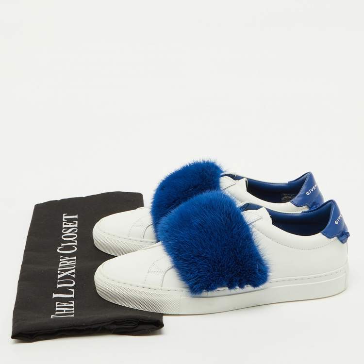 Pre Owned Givenchy White/Blue Leather and Mink Fur Urban Street Slip On Sneakers Size 37