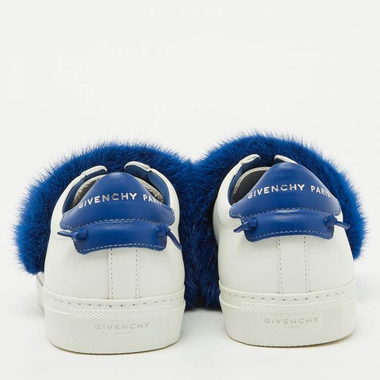 Pre Owned Givenchy White/Blue Leather and Mink Fur Urban Street Slip On Sneakers Size 37