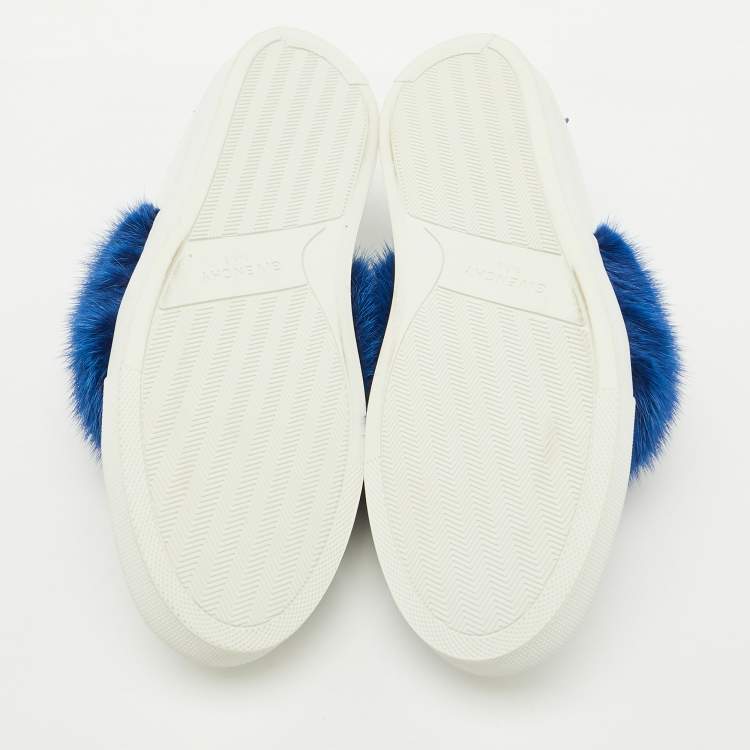 Pre Owned Givenchy White/Blue Leather and Mink Fur Urban Street Slip On Sneakers Size 37