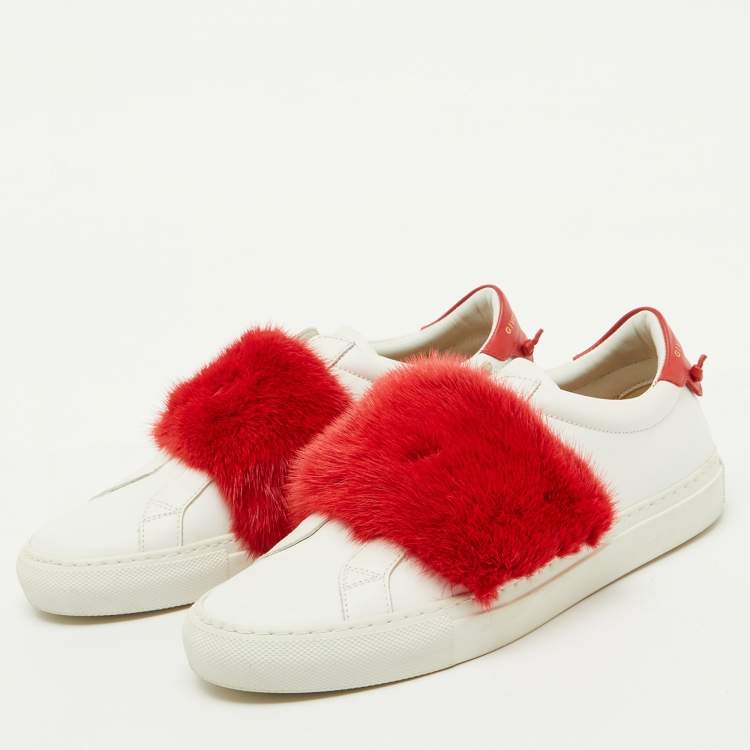 Pre Owned Givenchy White/Red Leather and Mink Fur Urban Street Slip On Sneakers Size 38