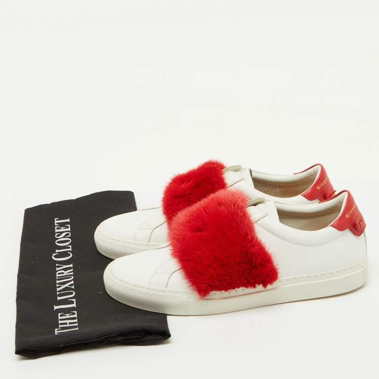 Pre Owned Givenchy White/Red Leather and Mink Fur Urban Street Slip On Sneakers Size 38
