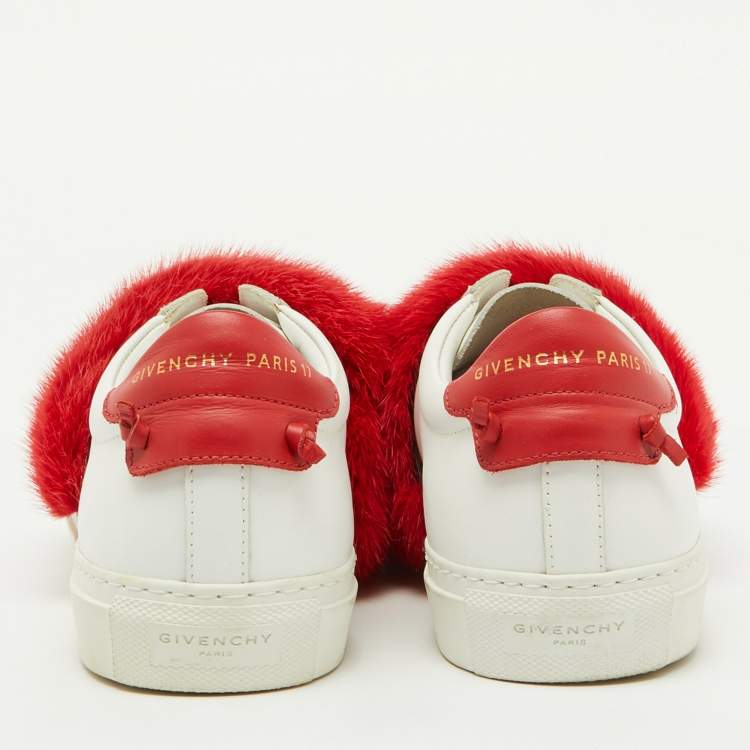 Pre Owned Givenchy White/Red Leather and Mink Fur Urban Street Slip On Sneakers Size 38