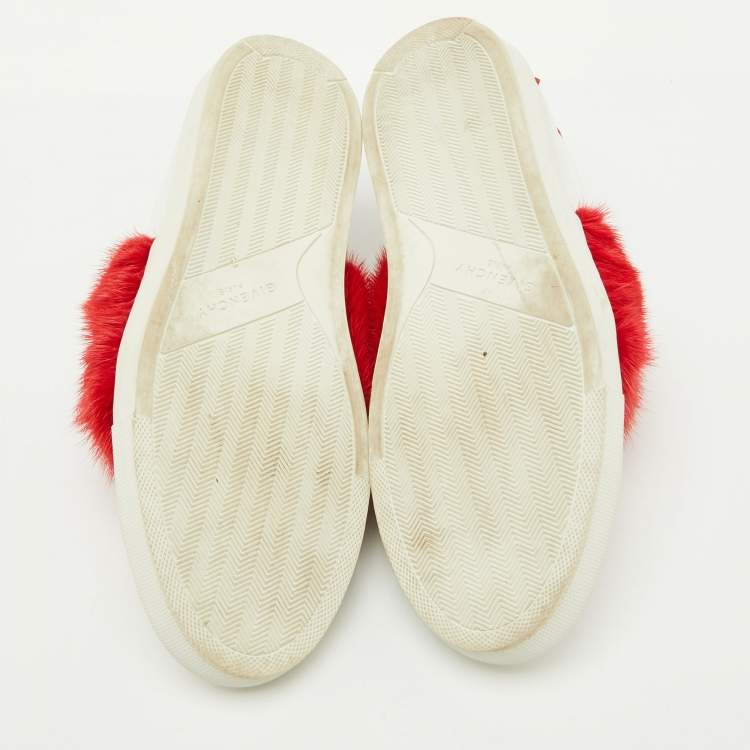 Pre Owned Givenchy White/Red Leather and Mink Fur Urban Street Slip On Sneakers Size 38