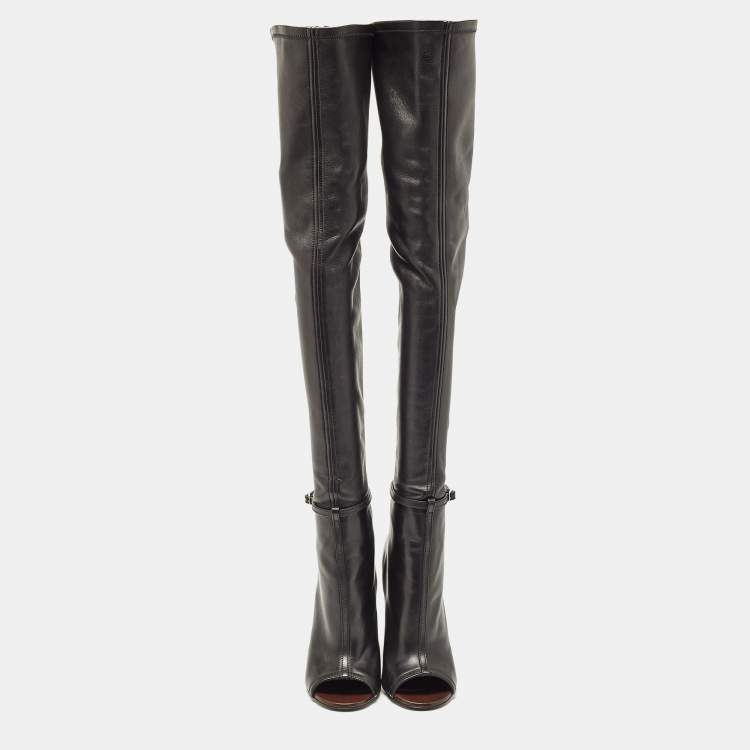 مملوكة مسبقًا Givenchy Black Leather Peep Toe Knee Length Boots Size 38