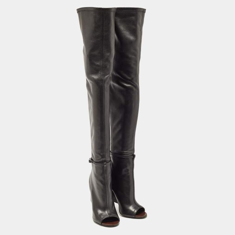 مملوكة مسبقًا Givenchy Black Leather Peep Toe Knee Length Boots Size 38