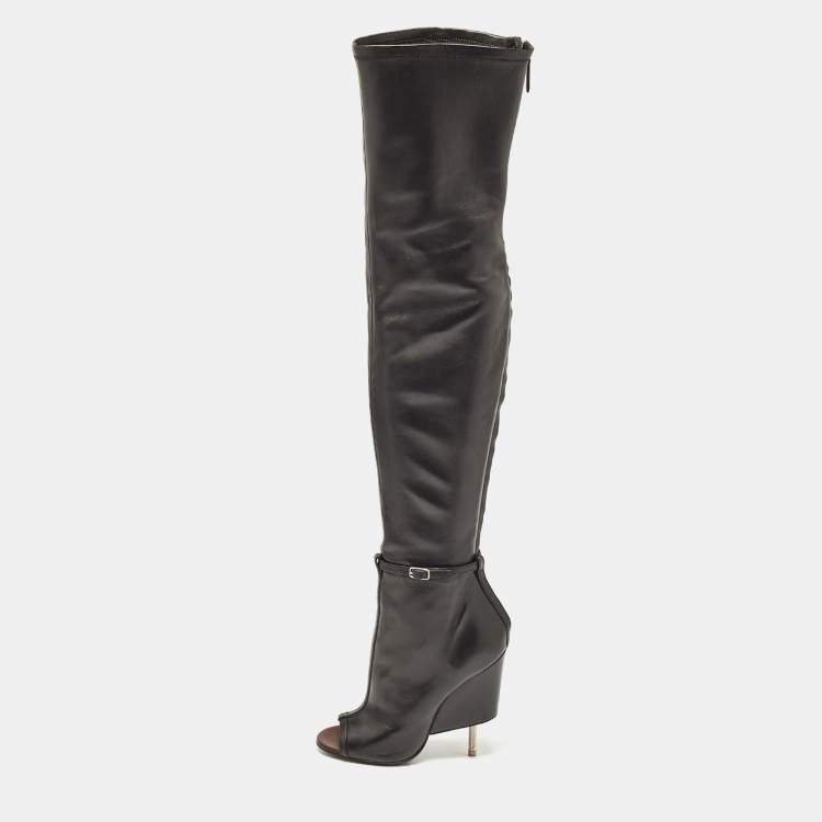 مملوكة مسبقًا Givenchy Black Leather Peep Toe Knee Length Boots Size 38