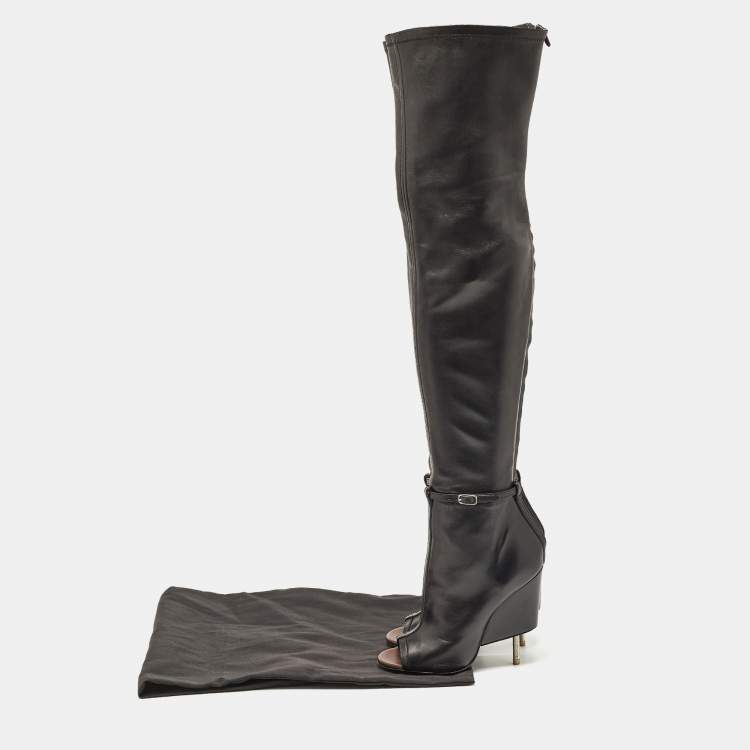 مملوكة مسبقًا Givenchy Black Leather Peep Toe Knee Length Boots Size 38