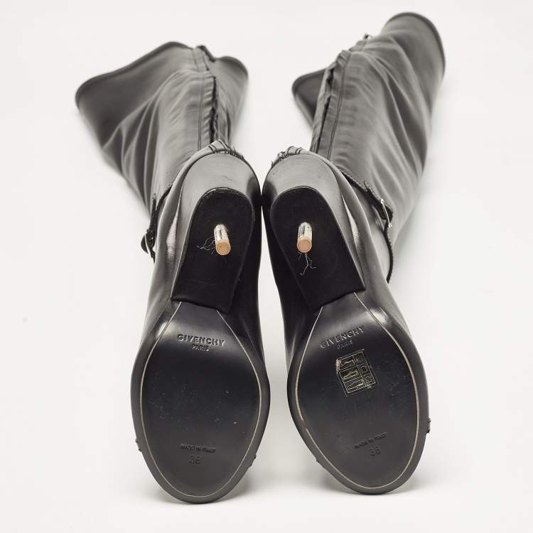 مملوكة مسبقًا Givenchy Black Leather Peep Toe Knee Length Boots Size 38