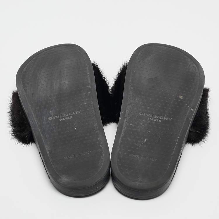 Pre Owned Givenchy Black Mink Fur Flat Slides Size 39