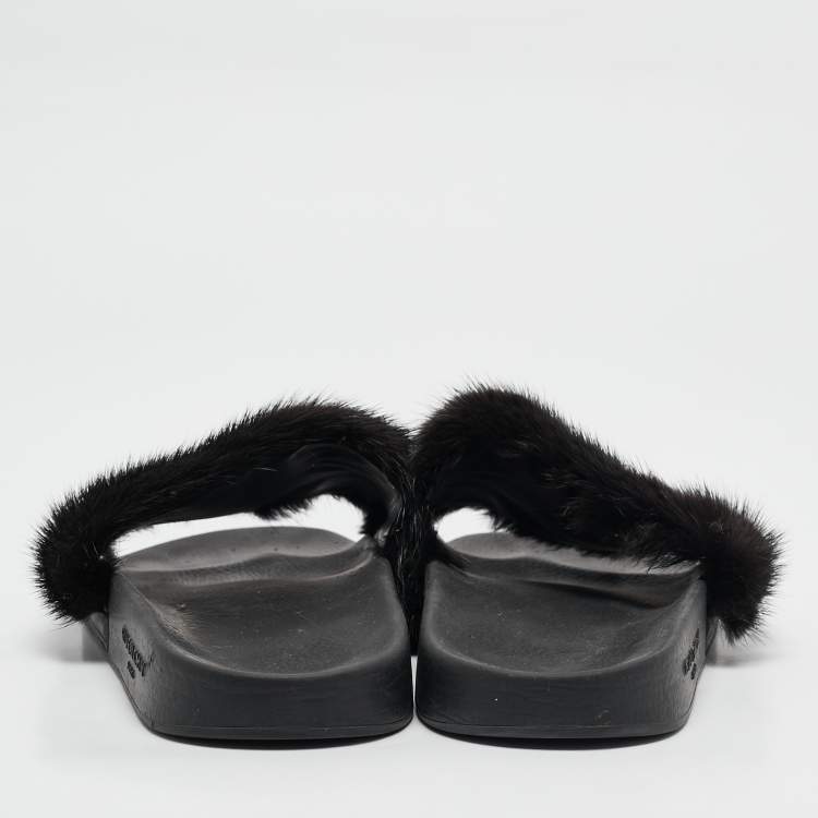 Pre Owned Givenchy Black Mink Fur Flat Slides Size 39