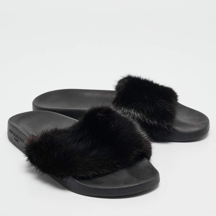 Pre Owned Givenchy Black Mink Fur Flat Slides Size 39