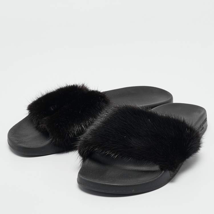 Pre Owned Givenchy Black Mink Fur Flat Slides Size 39
